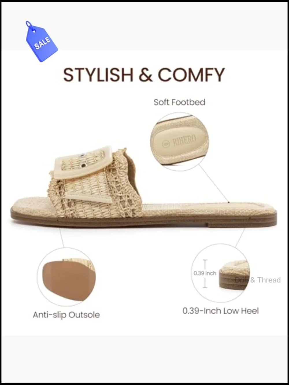 Woven Raffia Slide Sandals Square Toe Summer Beach Flat Slip On